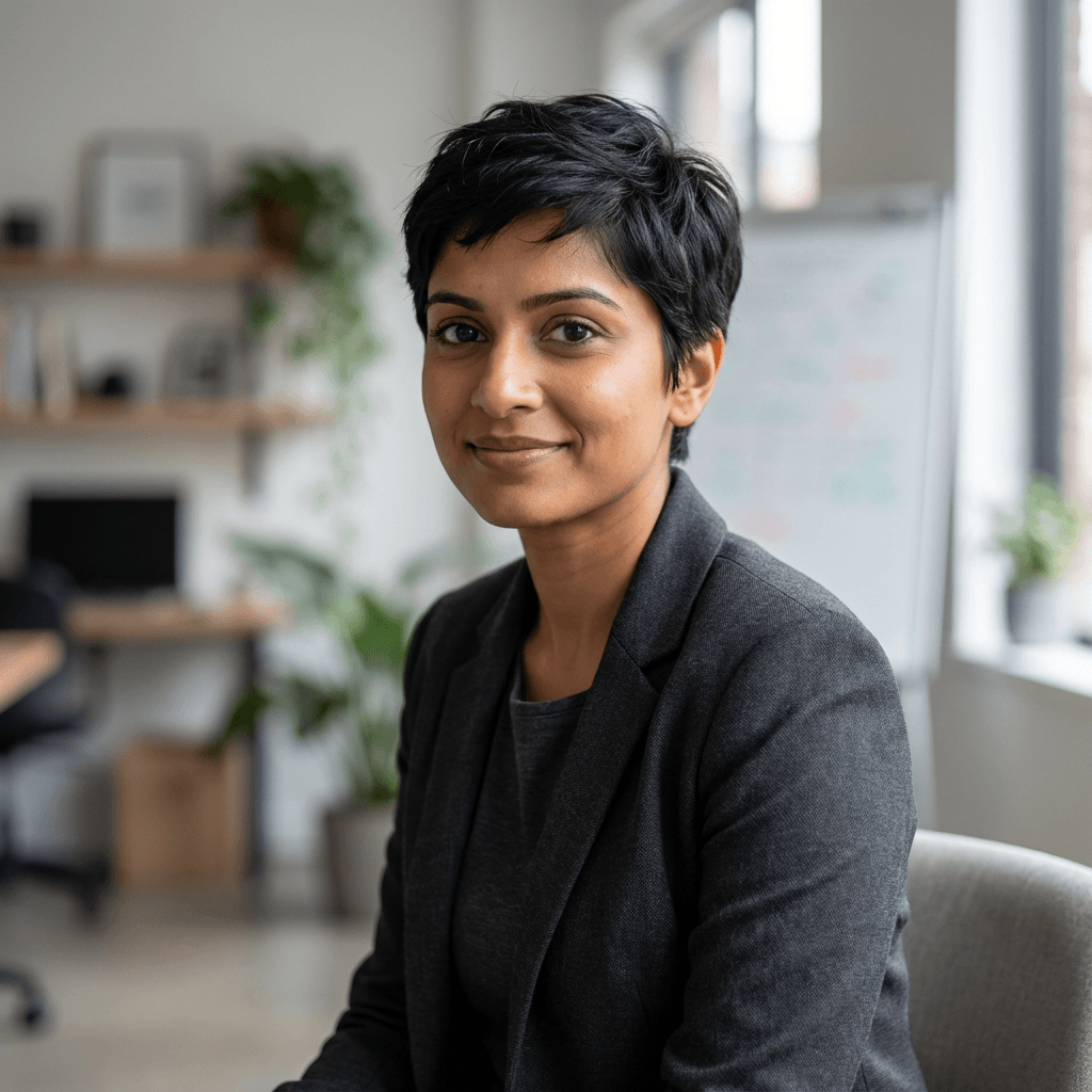 Ayesha Patel, scheduling coordinator for Patel Air-Duct Cleaning, at a desk with a calendar