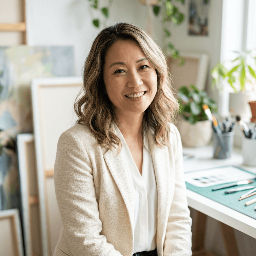 Jennifer Lee, a female office manager in her early 40s, in professional attire