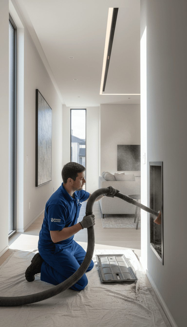 Technician cleaning an air duct vent in a modern home