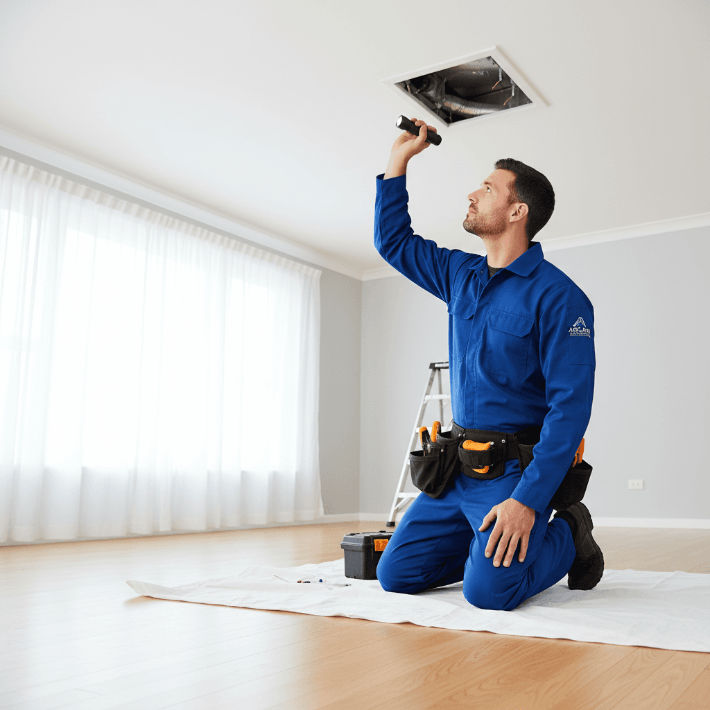 Technician in work uniform inspecting an air vent in a home