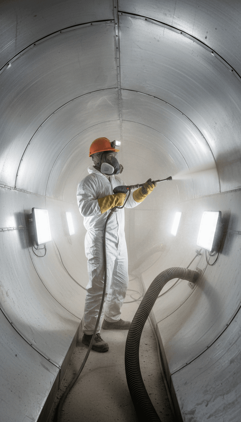 Professional worker cleaning an air duct system with a hose