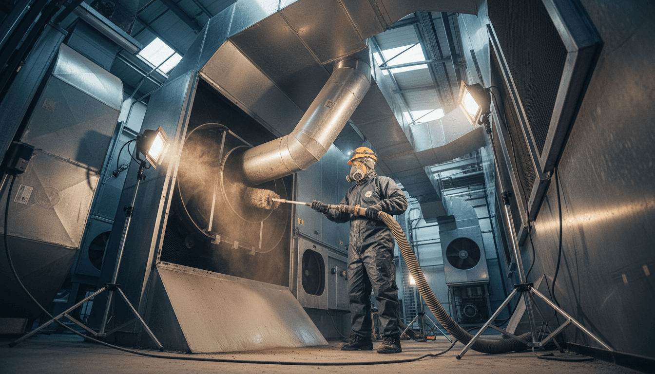 Professional cleaning an HVAC vent in a commercial space