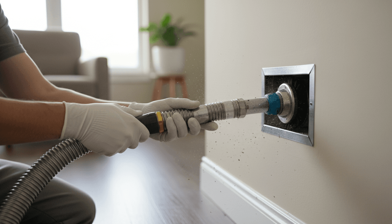 Technician cleaning an air duct in a bright modern home