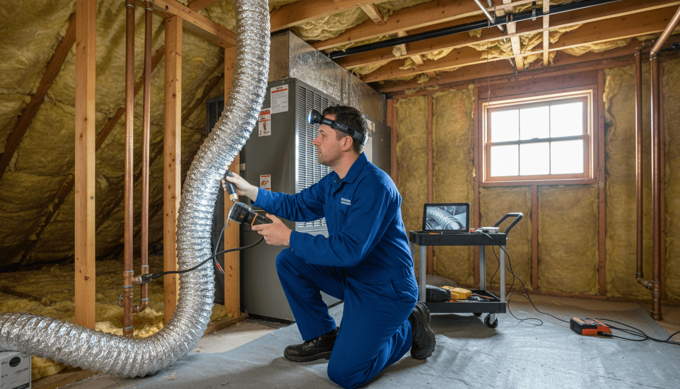 Technician inspecting clean air duct vent during maintenance