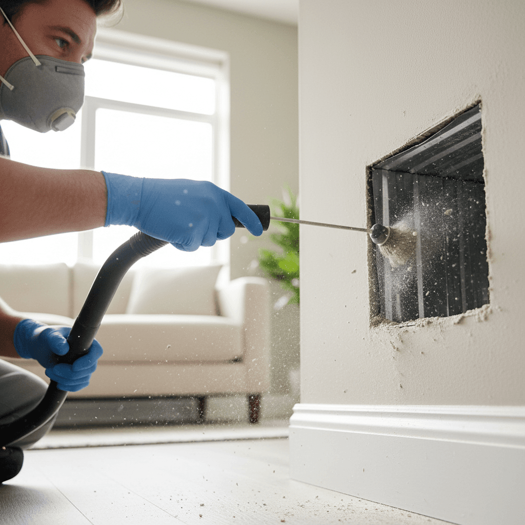 Technician inspecting a residential air duct vent in a clean modern home